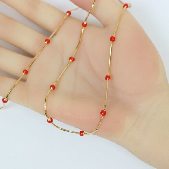 "Rose Gold Necklace with Red Beads Elegant Accent Chain, XPNL0134 - Picture 5 of 12